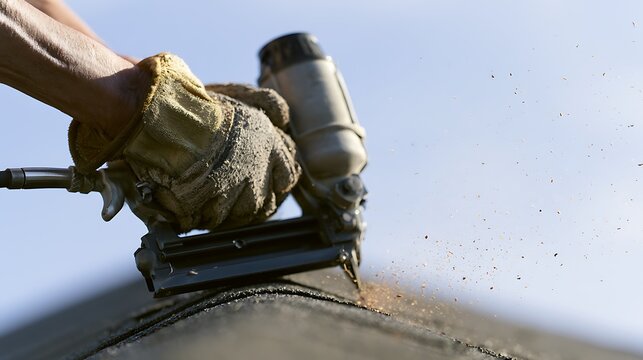 Extreme close-up of a roofer's hands wearing heavy duty work gloves