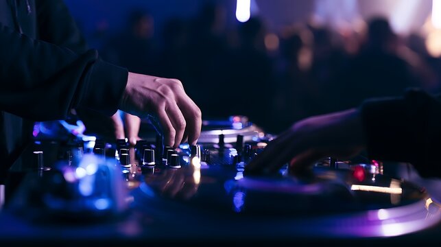 Extreme close-up of a DJ's hands emerging from black hoodie sleeves