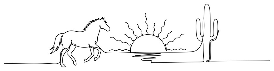 Wild horse with sunset and cactus in minimalist continuous line art style © OnlyVector