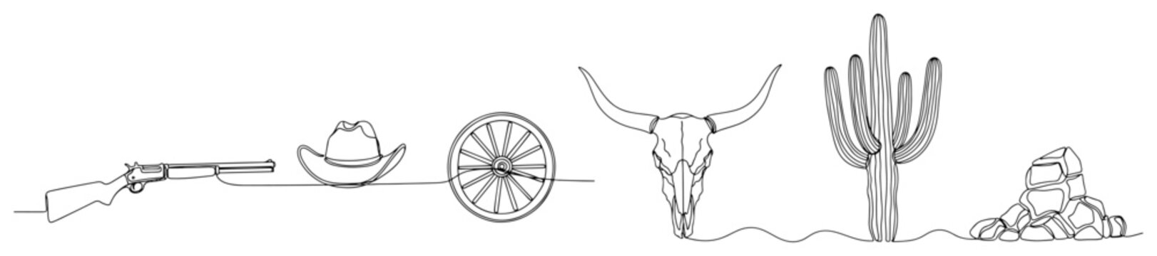 Western rifle with hat wagon wheel and skull in minimalist continuous line art style
