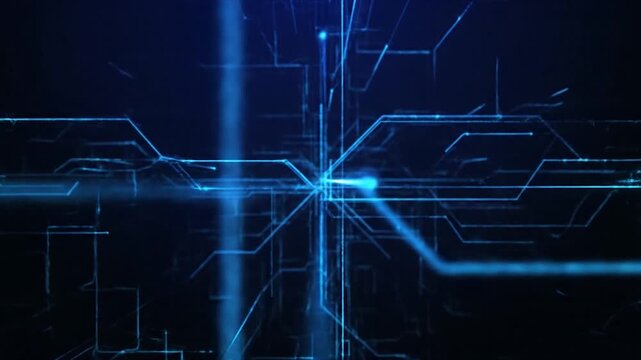 Digital network nodes connected by glowing blue lines radiating from a central hub in a dark futuristic environment.