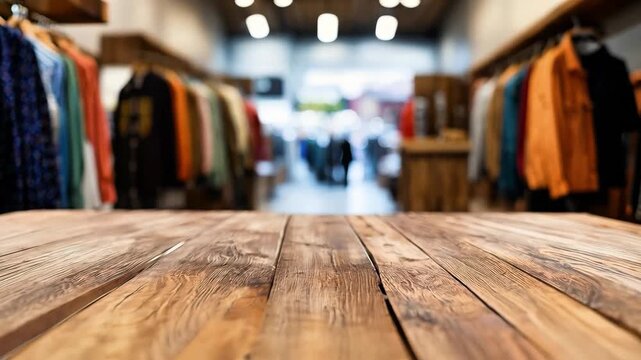 Rustic wooden table top with blurred clothing store background, perfect for product display or marketing mockups