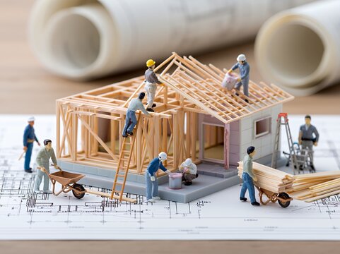 ミニチュア作業員が夢のマイホームを建設する建築現場