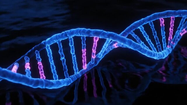 Digital DNA helix glows with neon blue and pink strands against a dark background highlighting genetic sequencing data.
