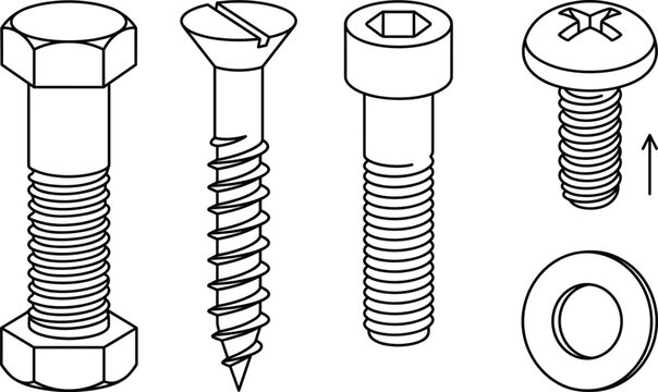 Industrial metal bolts screws and washers vector outline icon set for mechanical construction hardware design