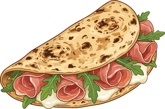 Romagna piadina flatbread wrap filled with prosciutto squacquerone cheese and rocket