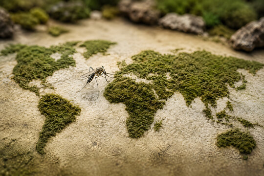 Photorealistic mosquito on a natural world map, illustrating global disease spread, climate change and vector-borne health risks. Creative healthcare concept with copy space.
