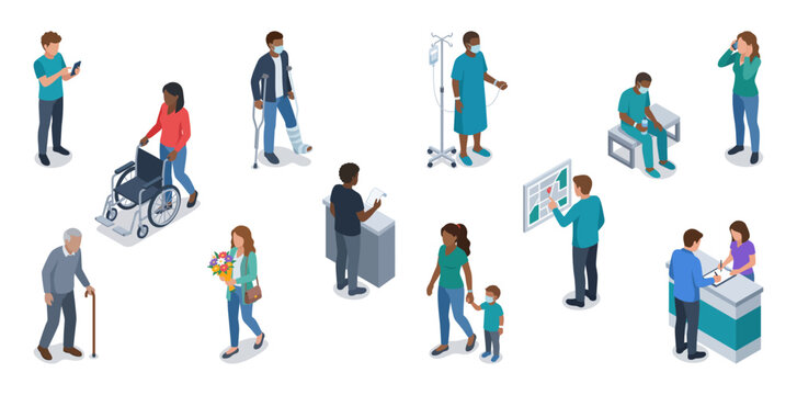 Hospital patients and diverse visitors in medical clinic | Isometric healthcare people character set | Vector illustration