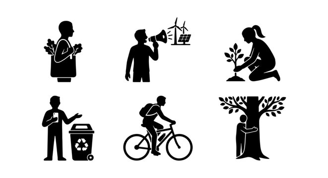 Eco-friendly lifestyle icons, 6 vector graphics for sustainability, green energy, and conservation themes