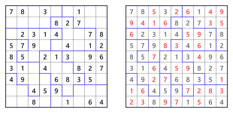 Sudoku jigsaw puzzle 9x9 easy for kids printable with answers A4, engaging logic game with colorful grid design, educational brain teaser activity page