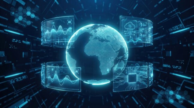 Futuristic digital globe surrounded by holographic AI and cloud computing interfaces
