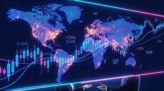 Global stock market world map with financial charts and rising index trends