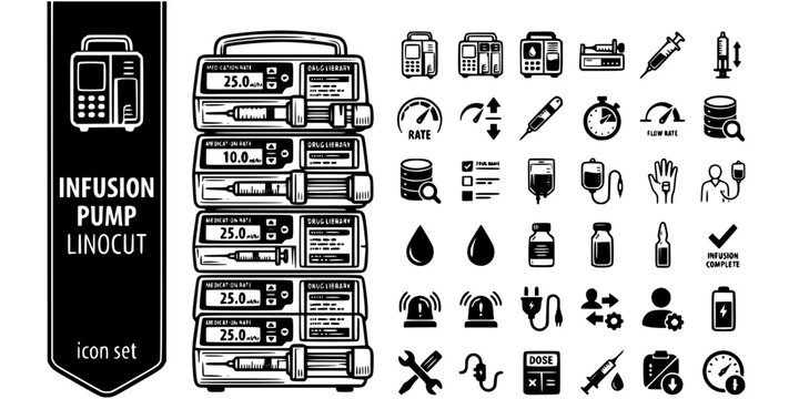 ICU Infusion Pump Linocut Black White-Syringe Driver Rate Library Drug-Medication Vector-Pump Icon Linocut-ICU Design Set