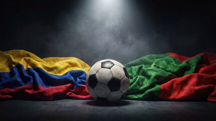 Fototapeta premium Soccer ball between the flags of colombia and portugal on a dark background