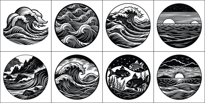 Set of black and white ocean wave illustrations, round marine life emblems, and linocut style sea landscape badges for t-shirt design.