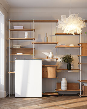 Modern Living Room Poster Frame Mockup with Natural Light and Minimalist Decoration. 3D render.