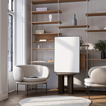 Modern Living Room Poster Frame Mockup with Natural Light and Minimalist Decoration. 3D render.