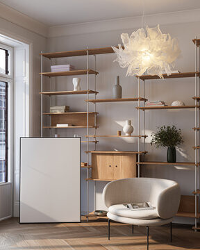 Modern Living Room Poster Frame Mockup with Natural Light and Minimalist Decoration. 3D render.