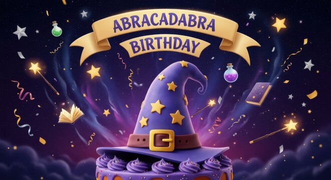 Magical birthday cake with wizard hat and starry night themed party decoration