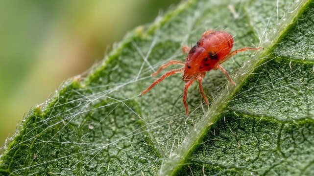 Red spider mite on leaf with webbing, plant pest infestation macro