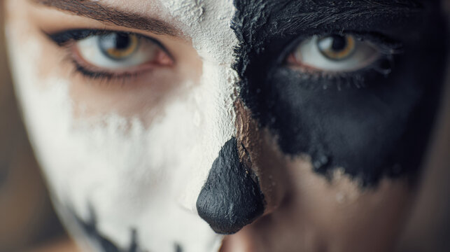 Extreme close-up of eyes with dramatic halloween skull makeup in white and black face paint

