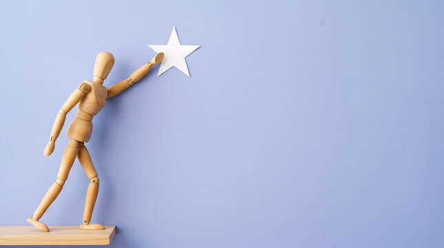 Employee achievement and career success goal concept with wooden mannequin reaching for star for mid-year performance review presentation background