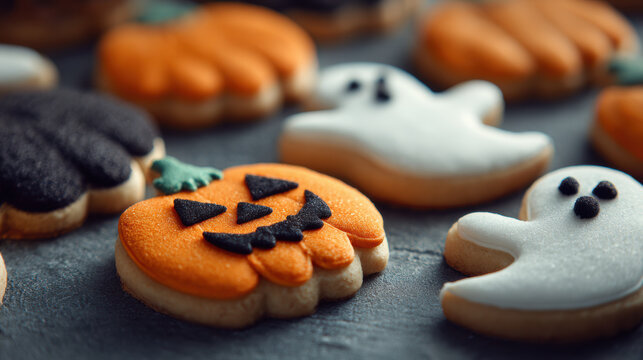 Extreme close-up of Halloween cookies shaped as pumpkins and ghosts with orange and white icing on dark background
