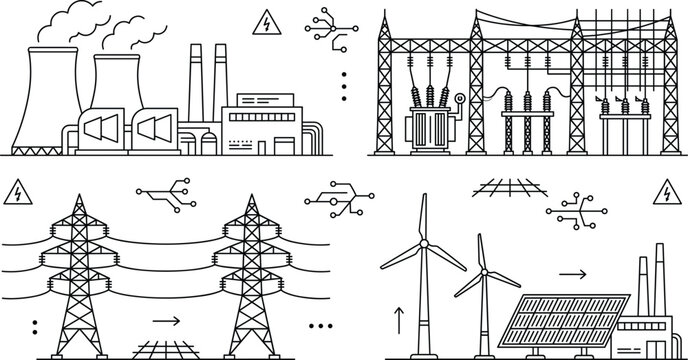 Power transmission towers electrical substation nuclear plant wind turbines solar panel vector line art icon set