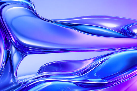 Abstract 3D glossy crystal wave background with blue and purple light, iridescent liquid glass texture