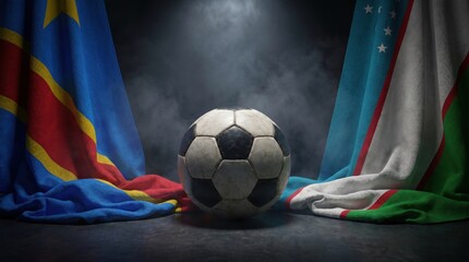 Naklejka premium Soccer ball with flags of democratic republic of the congo and uzbekistan