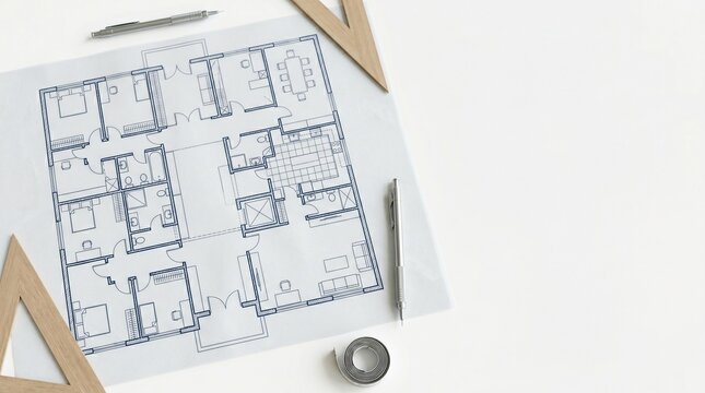 Architectural blueprint of a house floor plan with drafting tools and measuring tape on a white background