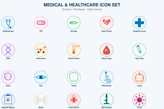 Medical Healthcare Icon Set 20 Flat Icons &ndash; Stethoscope DNA Syringe