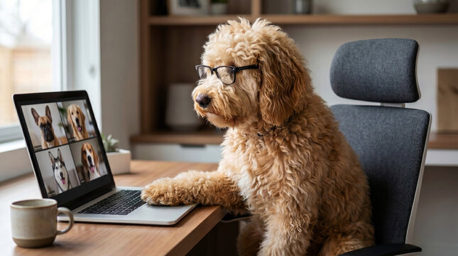 Golden doodle dog wearing glasses sitting in office chair using laptop for video call.