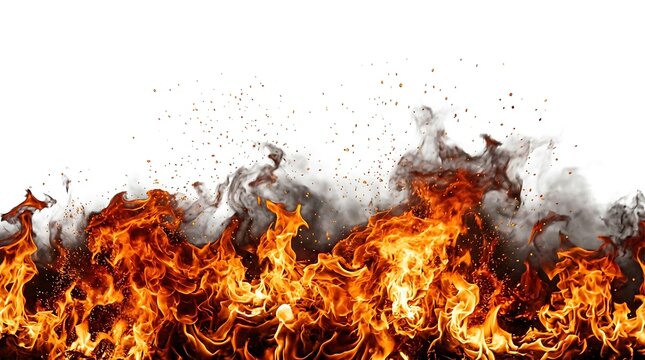 Dramatic fire flames with glowing embers and smoke against a clean white background creating a powerful visual effect