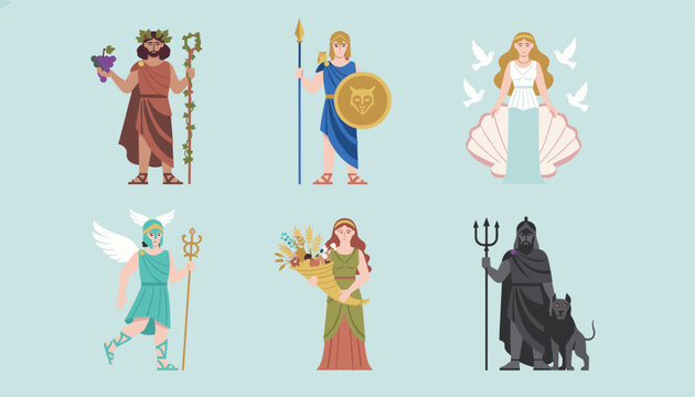Detailed character illustrations of six major Greek gods and goddesses including Dionysus, Athena, Aphrodite, Hermes, Demeter, and Hades.