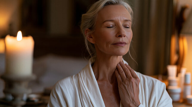 Woman in her fifties carefully layering a peptide neck cream upward from collarbone to chin during a structured evening skincare routine in a candlelit bedroom vanity space,