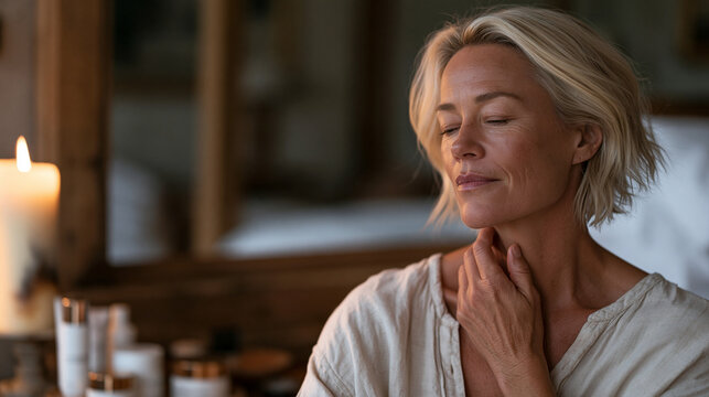 Woman in her fifties carefully layering a peptide neck cream upward from collarbone to chin during a structured evening skincare routine in a candlelit bedroom vanity space,