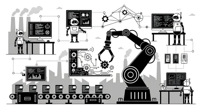 Monochrome illustration of an automated smart factory production line.