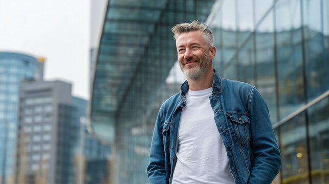 Mature man with a grey beard and denim jacket smiling, standing in an urban setting with copy space