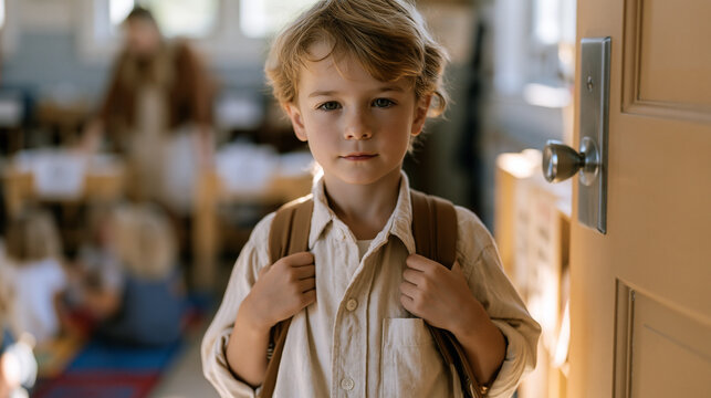 Seven-year-old boy stands frozen at classroom door gripping his backpack straps while other kindergartners settle into colorful floor mats around a cheerful teacher arranging name