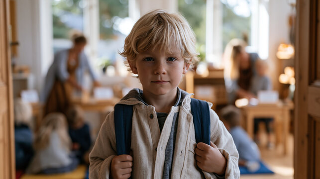 Seven-year-old boy stands frozen at classroom door gripping his backpack straps while other kindergartners settle into colorful floor mats around a cheerful teacher arranging name