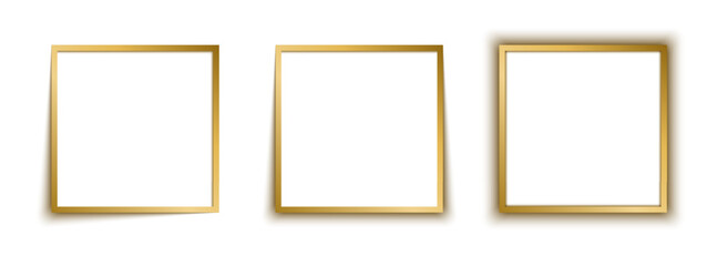 Fototapeta na wymiar Set of three empty gold square photo frames with different shadow effects