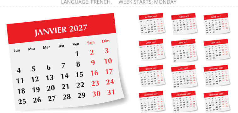 Set of 12 monthly calendar pages for France in French language with paper shadow effect