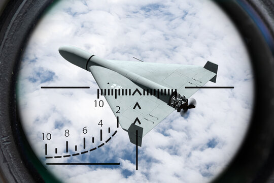 Scope view of attack drone during aerial monitoring of airspace.