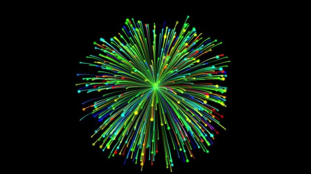 Colorful Abstract Particle Firework Animation with Bright Pink, Purple and Golden Energy Lights, Dynamic Radial Explosion Motion Graphics, Futuristic Black Background Loop for Creative Video Projects