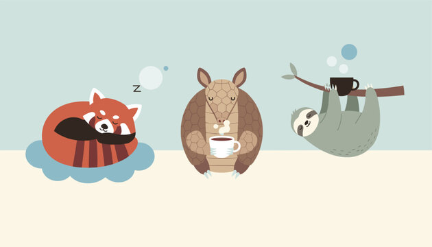 Cute illustration of a sleeping red panda, an armadillo drinking from a mug and a sloth hanging while enjoying hot coffee.