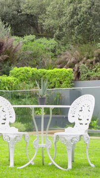 Vertical video: Panning camera centering white ornate table and two chairs on lawn to frame plant