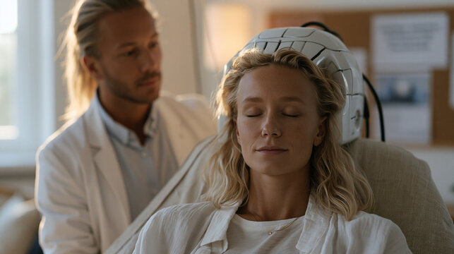 Psychiatrist positioning transcranial magnetic stimulation device over a patient's scalp in a mental health treatment room, calming neutral tones throughout, World Mental Health