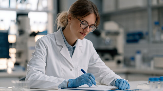 Pharmacologist documenting vascular response data from a kidney-on-chip device during drug toxicity screening, sterile white background, advanced microfluidics laboratory with