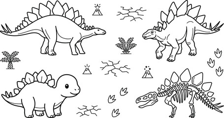 Cute stegosaurus dinosaur icon set vector line art outline skeleton fossil baby dino and volcano elements © Sabbir Studio